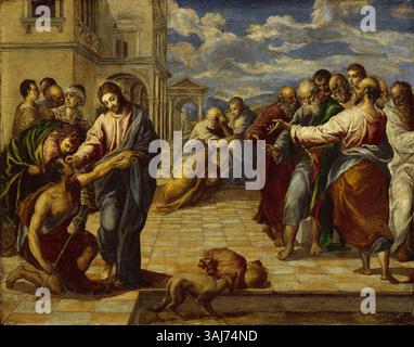 El Grecos „Heilung der Blinden“ beschreibt die biblische Geschichte von Christus, der den Blinden heilt. Dieses Werk aus den Jahren 1570 bis 1575 zeigt El Grecos charakteristische emotionale Intensität und spirituelle Tiefe. Stockfoto