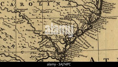 Diese Karte, die 1752 von Emanuel Bowen erstellt wurde, zeigt den Edistow River und die umliegenden Regionen North und South Carolina und Georgia. Die Karte bietet detaillierte geografische Informationen, die das Gebiet in der Mitte des 18. Jahrhunderts darstellen. Stockfoto