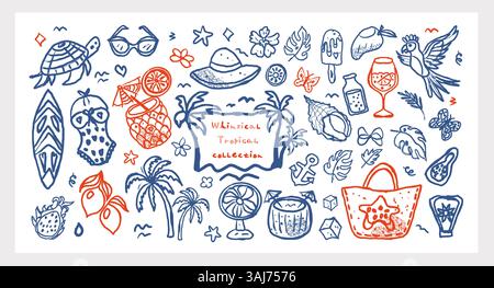 Wimsical Tropical Collection handgezeichnetes Sommer-Set mit tropischen Früchten, Getränken, Strandkritzeleien und Meereselementen in Korallenrot und Ozeanblau. Spaß und Stock Vektor