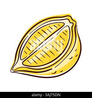 Saftige Zitronenscheibe in leuchtender gelber Farbe in flacher Art isoliert auf weißem Hintergrund. Perfekt für Speisen, Getränke oder gesundes Lifestyle Design. Stock Vektor