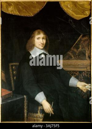 Porträt von Nicolas Fouquet, gemalt von Charles Le Brun im 17. Jahrhundert. Das Kunstwerk zeigt den französischen Minister und Mäzen der Künste in formeller Kleidung mit würdevollem Ausdruck. Das Porträt ist ein Ölgemälde auf Leinwand, das in Vaux-le-Vicomte untergebracht ist. Stockfoto