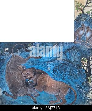In diesem Manuskript aus dem 14. Jahrhundert „Kalila und Dimna“ beobachten die Charaktere den heftigen Kampf zwischen einem Löwen und einem Stier. Diese Szene beleuchtet das Thema Stärke und Konflikt in der Tradition der Fabel. Stockfoto