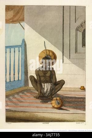 Diese Illustration von Frans Balthazar Solvyns zeigt einen Pennak, ein indisches Musikinstrument, aus seinem Buch Illustrations de Les Hindous (1808–1812). Das detaillierte Bild zeigt das Instrument in seinem kulturellen Kontext. Stockfoto
