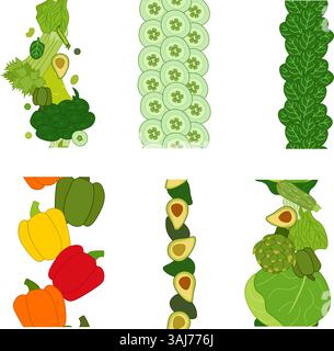 Vertikaler Rand für grünes Gemüse. Vektor flach Bio und gesunde Lebensmittel. Flacher Stil, Vektorillustration für Paket, Küchendesign, Stoff und te Stock Vektor