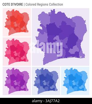 Elfenbeinküste Kartensammlung. Länderform mit farbigen Regionen. Dunkelviolett, Rot, Rosa, Lila, Indigo, blaue Farbpaletten. Stock Vektor