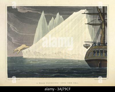 Dieser Farbstich von Robert Havell nach William Charles Ross zeigt einen Eisbären, der von einem Eisberg ins Meer stürzt, wobei Fischer von einem nahegelegenen Trawler aus beobachten. Es zeigt den dramatischen Moment des Tauchens des Bären ins Wasser. Stockfoto