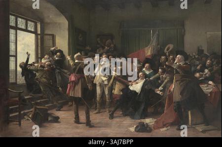 Václav Brožík Gemälde von 1890 zeigt die dritte Verteidigung Prags, ein wichtiges historisches Ereignis, das 1618 stattfand. Das Öl auf Leinwand fängt den dramatischen Moment ein, der die tschechische Geschichte verändert hat. Stockfoto