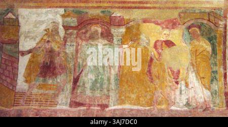 Dieses Fresko aus St. Savin, das zwischen 1040 und 1090 gemalt wurde, zeigt die biblische Geschichte von Joseph und Potiphars Frau. Die Szene fängt den Moment ein, in dem Joseph dem Verführungsversuch widersteht, und zeigt seine moralische Integrität und sein Engagement für Gerechtigkeit. Stockfoto