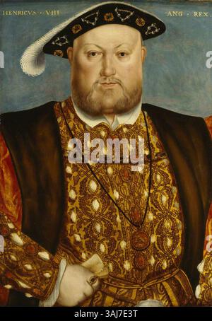 Dieses Porträt von König Heinrich VIII. Aus dem 16. Jahrhundert, das dem Atelier von Hans Holbein dem Jüngeren zugeschrieben wird, stellt den König in königlicher und kommandierender Pose dar und zeigt seine königliche Kleidung und Autorität. Stockfoto