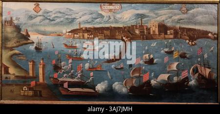 Dieses Gemälde aus dem 17. Jahrhundert von Miquel Bestard zeigt eine Ansicht von Palma, die auf einem Altar der Unbefleckten Empfängnis in der Kirche Sant Francesc in Öl auf Leinwand gemalt ist. Stockfoto