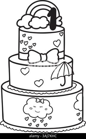 Eine Strichgrafik-Illustration einer gestuften Geburtstagskuche mit Wolken- und Regenbogendekoration Stock Vektor