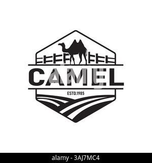 Vintage Kamel Farm Logo Vektor mit Zaun und Landschaft Abzeichen Stil Stock Vektor