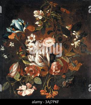 Dieses Gemälde aus dem 17. Jahrhundert auf Leinwand, das Jan Pieter Breughel zugeschrieben wird, zeigt ein Stillleben aus Tulpen, Narzissen, Morgenruhm, Iris, Rosen, Orangenblüten und Chrysanthemen, die den detaillierten Ansatz des Künstlers zu botanischen Themen veranschaulichen. Stockfoto