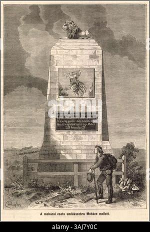 Diese Zeichnung von Lajos Elischer aus der 1874 erschienenen Publikation *Magyarország és a Nagyvilág* zeigt das Denkmal zur Erinnerung an die Schlacht von Mohács (1526). Das Denkmal wurde von einer patriotischen Figur, Soma Turcsányi, errichtet. Stockfoto