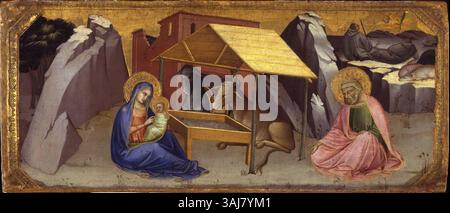 Lorenzo Monacos „Geburt Christi“ aus den Jahren 1395–1400, gemalt auf einer Pappeltafel, ist ein bedeutendes gotisches religiöses Stück. Es repräsentiert die Geburt Christi mit komplizierten Details und lebhaften Farben, die typisch für die religiöse Kunst der frühen Renaissance sind. Stockfoto