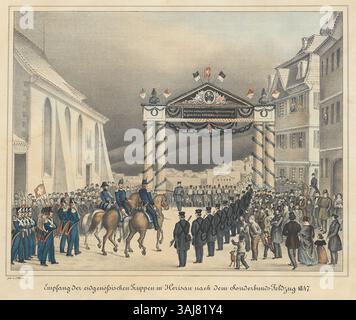 Diese Lithografie, die Johannes Weiss nach 1846 schuf, zeigt den Empfang der Eidgenossenschaftstruppen in Herisau nach dem Sonderbund-Krieg von 1847. Die Szene fängt das historische Ereignis mit detaillierten Militäruniformen und -Flaggen ein. Stockfoto