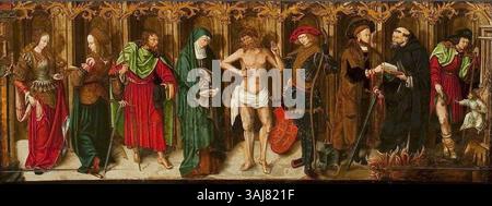 Joos van Cleves Saint Reinhold Altar (um 1485–1541) zeigt Szenen aus dem Leben und der Leidenschaft Christi, darunter die Darstellung im Tempel, die Taufe Christi und die Kreuzigung. Das Polyptychon, gemalt in Tempera auf Holz, ist ein bedeutendes religiöses Kunstwerk vor 1516. Stockfoto