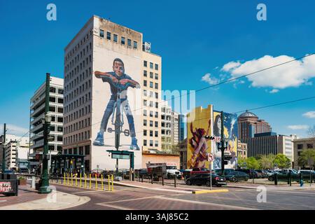 Große Wandgemälde auf der Main Street im Zentrum von Houston Texas USA. Stockfoto