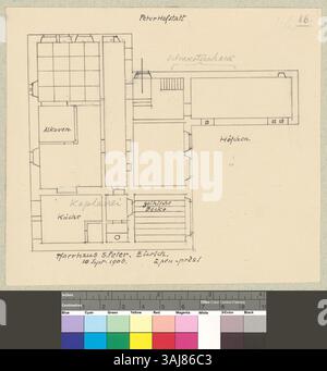 Dieser Druck zeigt den Grundriss des Pfarrhauses der Peterskirche in Zürich, Schweiz, mit seinem architektonischen Grundriss. Stockfoto