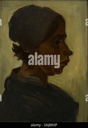 Dieses Gemälde von Vincent van Gogh, das zwischen Februar und März 1885 entstanden ist, zeigt den Kopf einer Bauernfrau mit dunkler Mütze. Das Öl auf Leinwand zeigt van Goghs frühes Interesse am ländlichen Leben und seine ausdrucksstarke Verwendung von Farben und Pinselarbeiten. Stockfoto