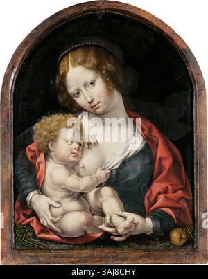Jan Gossaerts *Jungfrau und Kind*, um 1520, ist ein Temperabild auf Tafel, das im Westfälischen Landesmuseum für Kunst und Kulturgeschichte untergebracht ist. Es zeigt die Jungfrau Maria, die das Christuskind hält, und zeigt den Renaissance-Stil des Künstlers. Stockfoto