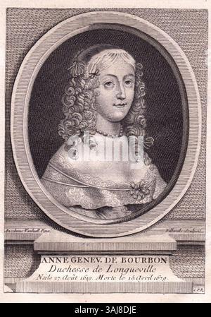 Ein Stich nach van Hulle, der Anne Geneviève de Bourbon, Herzogin von Longueville, im 18. Jahrhundert darstellt. Sie war die Ehefrau von Henri II. D’Orléans, Herzog von Longueville. Dieses Porträt repräsentiert ihren edlen Status. Stockfoto