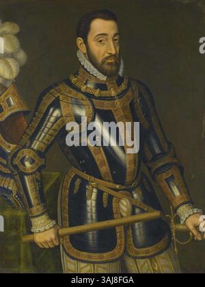 Dieses Porträt, das dem Kreis Juan Pantoja de la Cruz zugeschrieben wird, zeigt einen bärtigen Ritter in Rüstung, der mit dem Orden des Heiligen Michaels geschmückt ist. Das Öl auf Leinwand aus dem 16. Jahrhundert spiegelt den edlen und militärischen Charakter des Subjekts wider. Stockfoto