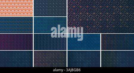 Ein Satz von 13 geometrischen abstrakten Hintergründen mit 3D-Würfeln und sechseckigen Rastern. Mit kräftigen Farben, dezenten Verläufen und Tiefeneffekten, perfekt für Stock Vektor