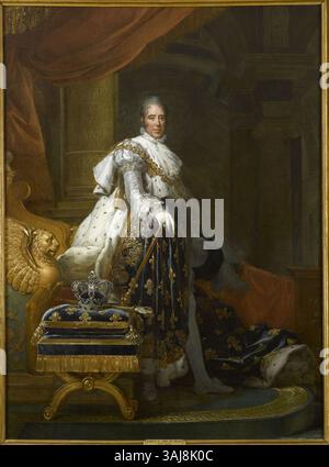 Dieses Ölgemälde von Francois Gérard um 1825 zeigt Karl X. von Frankreich in Krönungskleidung. Das Porträt, das im Museum der Geschichte Frankreichs untergebracht ist, zeigt die königlichen Insignien und symbolischen Kleider des Königs. Stockfoto