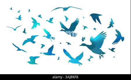 Eine blaue Herde von Enten und Möwen, die fliegen. Handzeichnung. Nicht AI. Vektorabbildung Stock Vektor