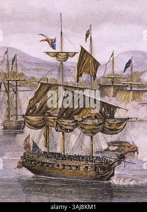 Gravur von Benjamin Tanner, die das britische Kriegsschiff HMS Confiance während der Schlacht von Plattsburgh am 11. September 1814 darstellt. Dies war Teil des Sieges von Commodore Macdonough auf dem Lake Champlain während des Krieges von 1812. Stockfoto