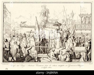 Doge Andrea Contarini feiert seinen Triumph nach dem Sieg über die Genuesen am 1. Juli 1380 in Chioggia. Stockfoto