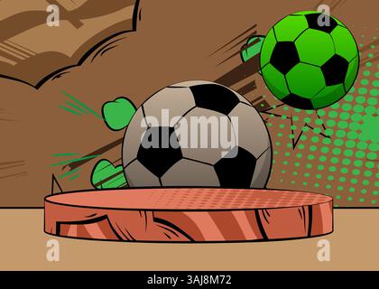 Comic Book Produkt Podium Bühne für Mockup Präsentation mit Fußball. Retro-Comics-Hintergrund. Stock Vektor