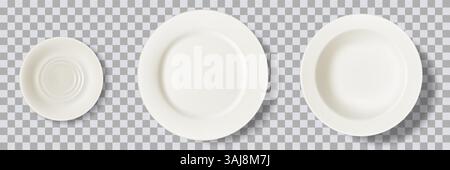 Küche weiße Keramikplatten isoliert auf transparentem Hintergrund. Vektor-3D-Abbildung realistische Draufsicht. Kochen, Besteck, Servieren von Speisen Desi Stock Vektor