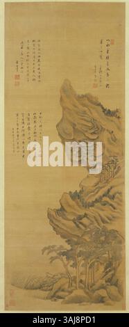 Dong Qichang (1555–1636) war eine prominente Figur der chinesischen Kunst, bekannt für seine innovative Verwendung von Tinte und Farbe. Seine Seidenmalerei, die im Palastmuseum untergebracht ist, verbindet traditionelle Methoden mit seinem einzigartigen Ansatz für Komposition und Farbauftrag. Stockfoto
