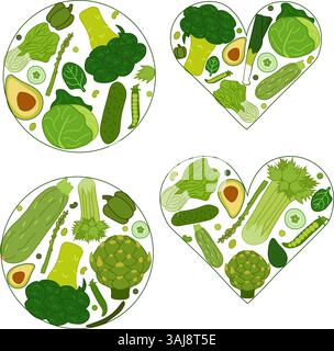 Frisches grünes Gemüse Set aus runder und herzförmiger Komposition. Zusammensetzung der Vektorflachung. Banner, Poster, Geschenkpapier, Aufkleber, Druck, modernes Textildesign. E Stock Vektor