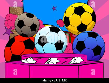 Comic Book Produkt Podium Bühne für Mockup Präsentation mit Fußball. Retro-Comics-Hintergrund. Stock Vektor