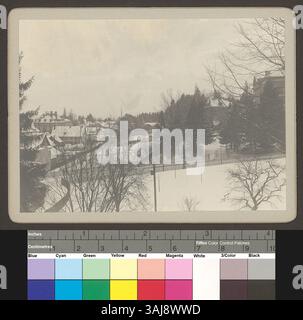 Dieses Foto aus dem Jahr 1907 wurde von einem Balkon aufgenommen, möglicherweise von der Schulhausstraße 18 in Zürich-enge, und zeigt schneebedeckte Dächer und Felder mit Fernsicht auf den See. Stockfoto
