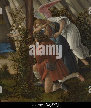 Sandro Botticellis „Mystic Nativity“ (1500) zeigt die Geburtsszene mit Maria, die das Christuskind hält, umgeben von Engelsfiguren. Das Gemälde in der Nationalgalerie repräsentiert Botticellis Expertise in religiöser und Renaissance-Kunst, indem Öl auf Leinwand verwendet wird, um komplizierte Details und Symbolismus zu schaffen. Stockfoto