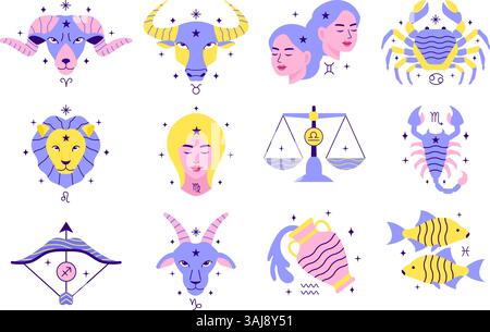Sammlung von Tierkreiszeichen in flacher Form Stock Vektor