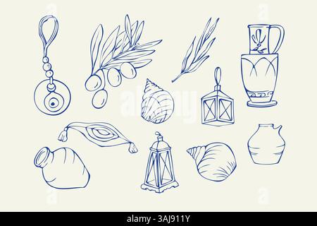 Set aus Mittelmeer-Doodles blau Stock Vektor