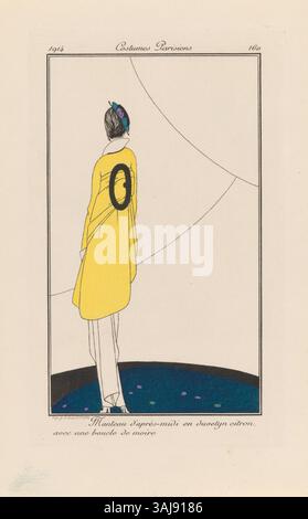 Ein Gravur aus der Mai 1914-Ausgabe des „Journal des Dames et des Modes“, der einen modischen Nachmittagsmantel mit Moire-Schleife zeigt und die Modetrends des frühen 20. Jahrhunderts hervorhebt. Stockfoto