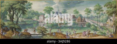 Dieses Gouache-Gemälde von Hans Bol aus dem Jahr 1591 zeigt eine Jagdparty vor dem Rooklooster bei Brüssel. Das mit goldenen Akzenten auf Pergament geschaffene Kunstwerk zeigt eine historische Szene mit Liebe zum Detail in den Figuren und der Umgebung. Stockfoto