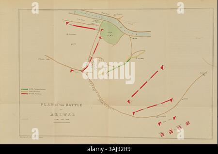 Diese Karte aus dem Jahr 1846 zeigt die Schlacht von Aliwal am 28. Januar 1846, ein wichtiges Ereignis im ersten Anglo-Sikh-Krieg. Der Plan beschreibt die Truppenbewegungen und -Positionen und bietet einen Einblick in die britische Militärstrategie. Stockfoto