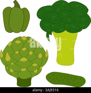 Brokkoli, Paprika, Artischocken, Gurken isolierte Set süßer Gemüse-Ikonen. Illustration der Vektorabwicklung. Gemüsehintergrund für Banner, drucken für Stock Vektor