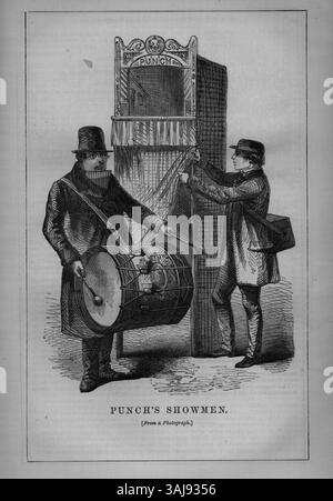 Eine Illustration aus „London Labour and the London Poor“ (1851), in der Punch’s Showmen gezeigt wird, eine Gruppe von Entertainern, die für das Publikum der Arbeiterklasse in London auftreten. Das Stück repräsentiert die kulturellen und sozialen Praktiken der Zeit. Stockfoto