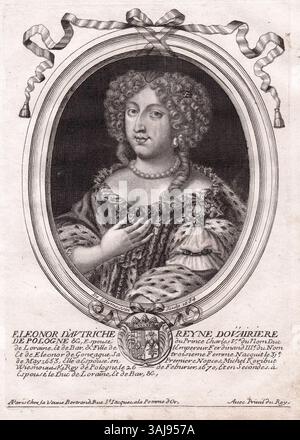 Dieser Stich von Nicolas de Larmessin aus dem Jahr 1684 zeigt Eleonore d’Autriche, Königin von Polen, die aus der Familie Habsburg geboren wurde. Die Gravur zeigt ihr königliches Aussehen und unterstreicht ihre historische Bedeutung und Rolle als königliche Gemahlin. Stockfoto