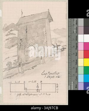 Die Zeichnung zeigt den Frauentor / Porclas in Cumbel, von Norden aus gesehen. Stockfoto