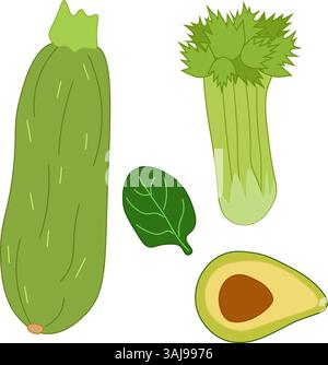 Avocado, Spinat, Zucchini, Sellerie isoliert. Vektorsymbol-Logosatz. Kunst für Lebensmitteldesign, Rezept, Kochbuch, Pakete, Menü, Essensanzeigen und Dekor Essen Stock Vektor