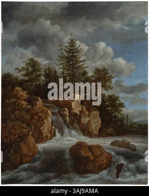 Jacob van Ruisdaels Gemälde „Eine bewaldete Landschaft mit einem Wasserfall“ zeigt sein Können in der Darstellung der Schönheit der Natur. Das Öl auf Leinwand ist Teil einer Privatsammlung. Stockfoto